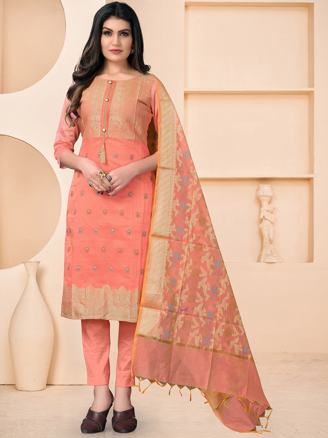 

KSM PRINTS Floral Woven Design Zari Work Semi-Stitched Dress Material, Peach