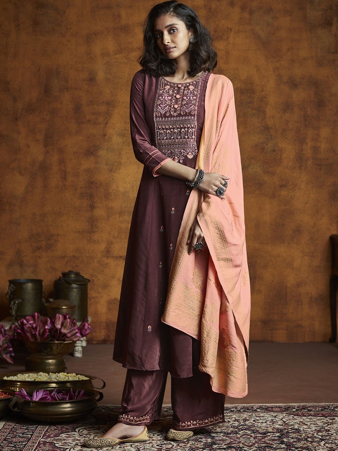 

KSM PRINTS Floral Embroidered Sequinned Semi-Stitched Dress Material, Maroon
