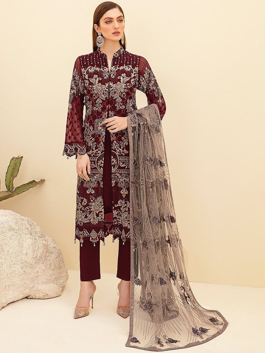 

KSM PRINTS Floral Embroidered Sequinned Semi-Stitched Dress Material, Red