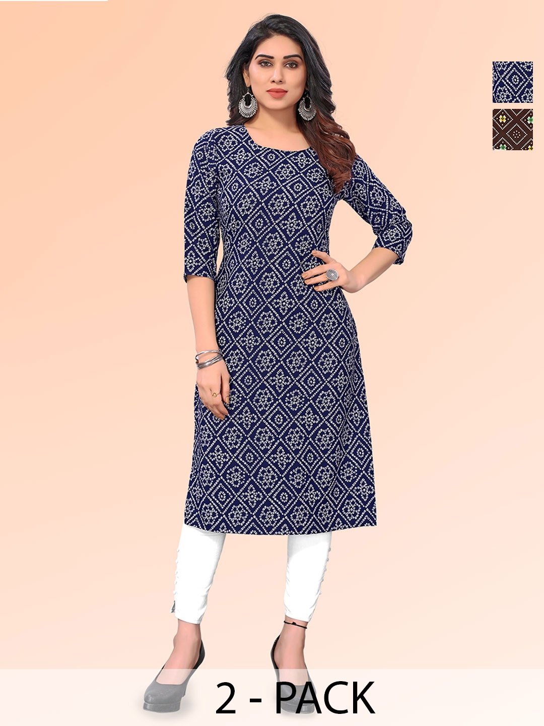 

KETAKI FASHION Selection of 2 Bandhani Printed Straight Kurtas, Blue