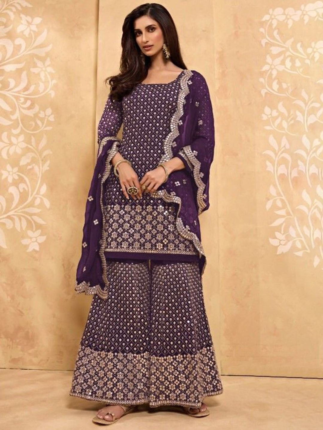

KSM PRINTS Geometric Embroidered Sequinned Semi-Stitched Dress Material, Purple