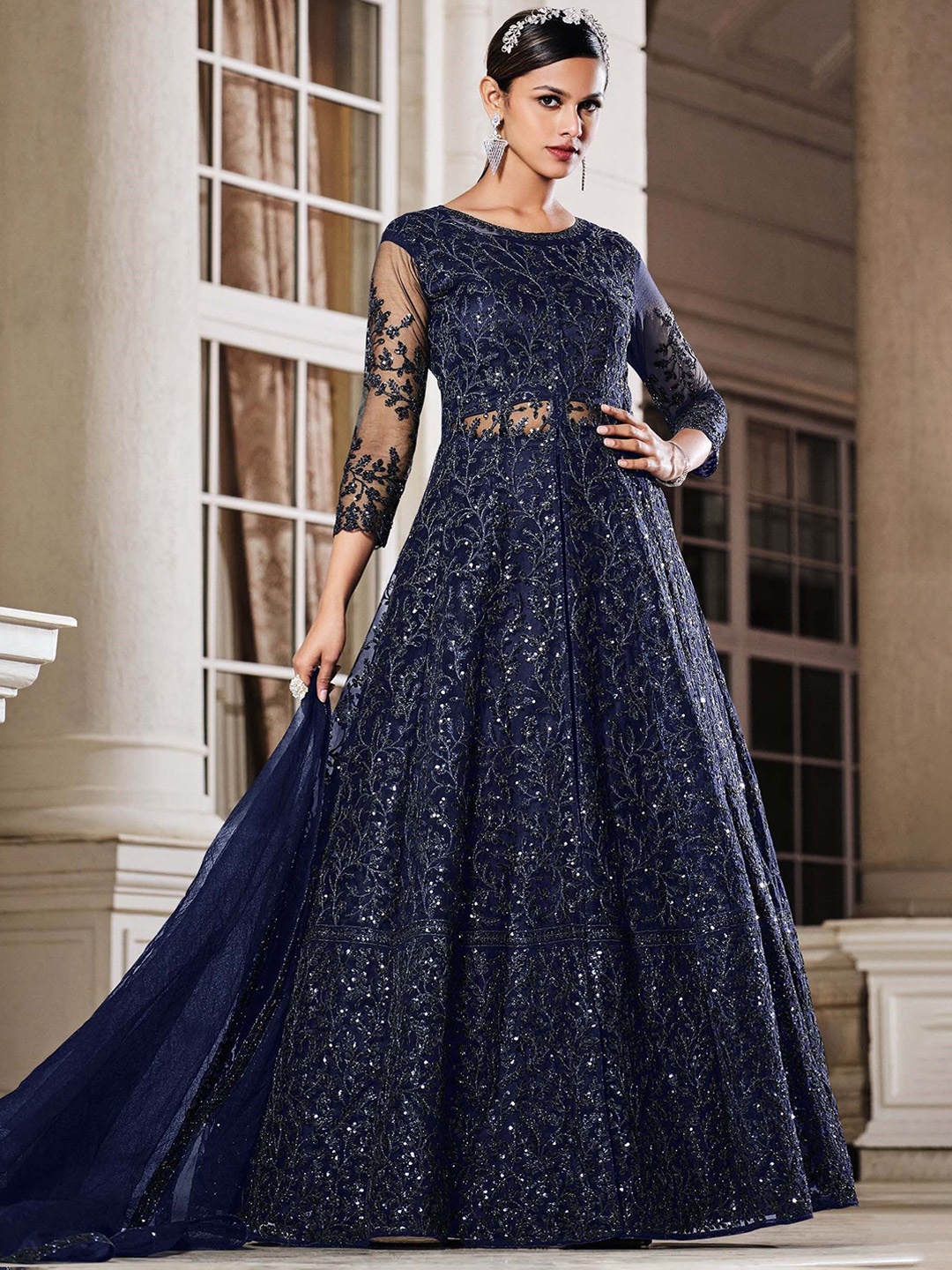 

KSM PRINTS Floral Embroidered Sequinned Semi-Stitched Dress Material, Blue