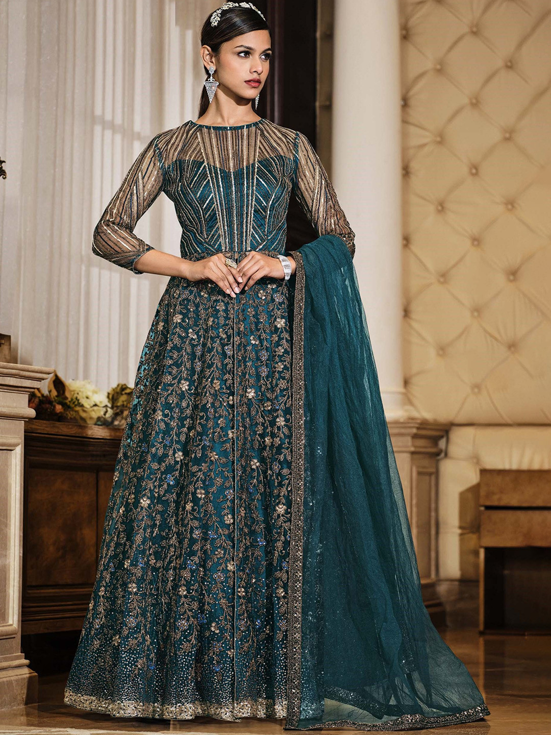

KSM PRINTS Floral Embroidered Zari Semi-Stitched Dress Material, Teal