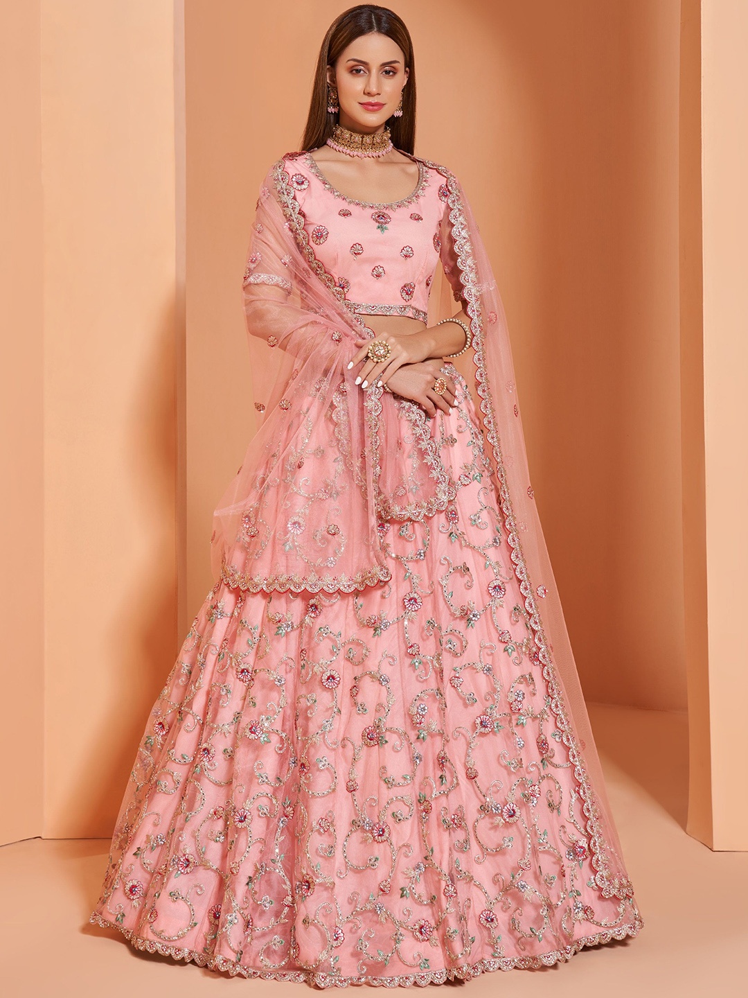 

KSM PRINTS Embroidered Sequinned Semi-Stitched Lehenga & Blouse With Dupatta, Pink