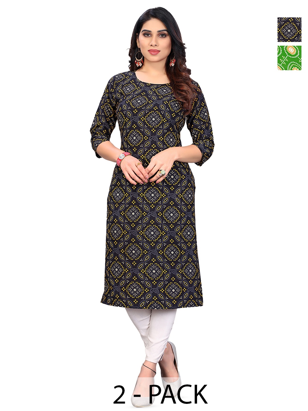 

KETAKI FASHION Selection Of 2 Bandhani Printed Round Neck Straight Kurtas, Black