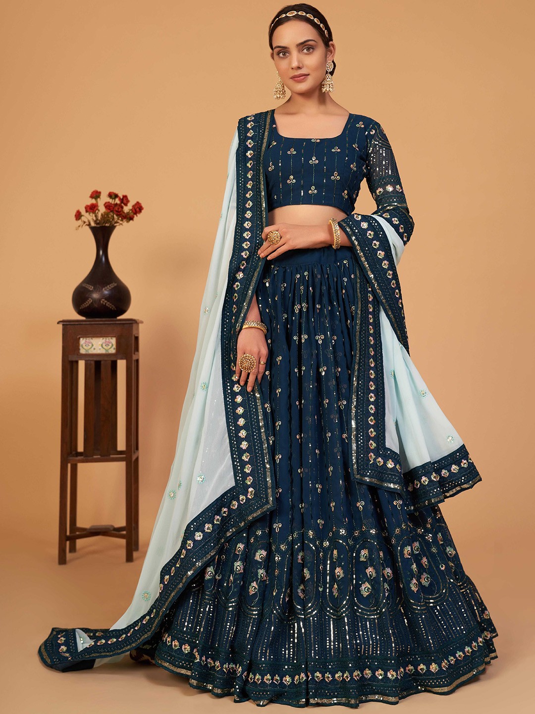 

KSM PRINTS Embroidered Sequinned Semi-Stitched Lehenga & Blouse With Dupatta, Green