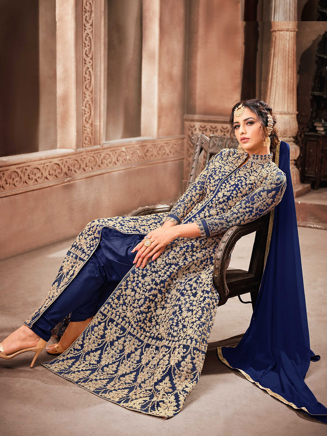 

KSM PRINTS Embroidered Semi-Stitched Dress Material, Blue