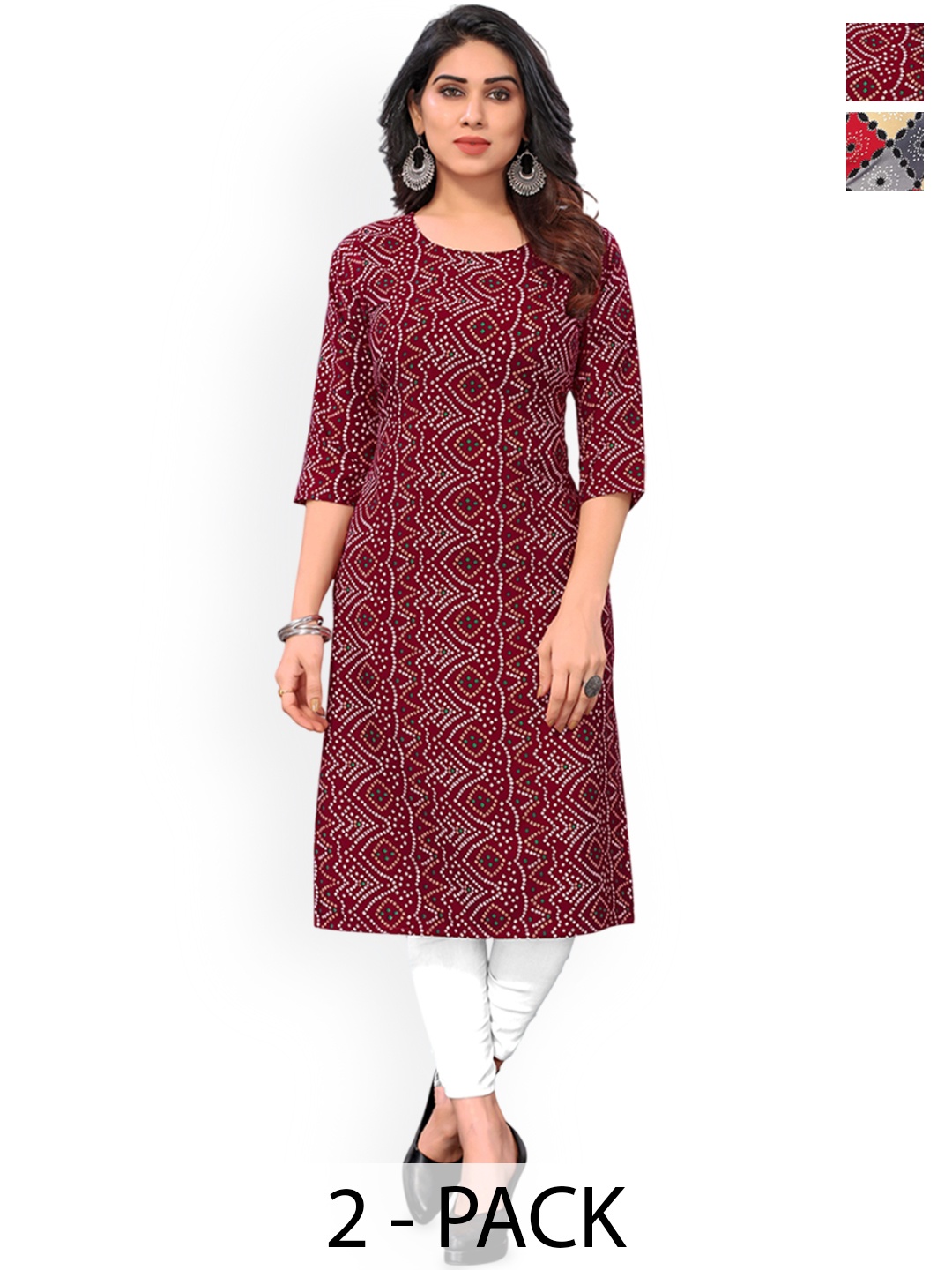 

KETAKI FASHION Selection Of 2 Bandhani Printed Round Neck Straight Kurta, Maroon