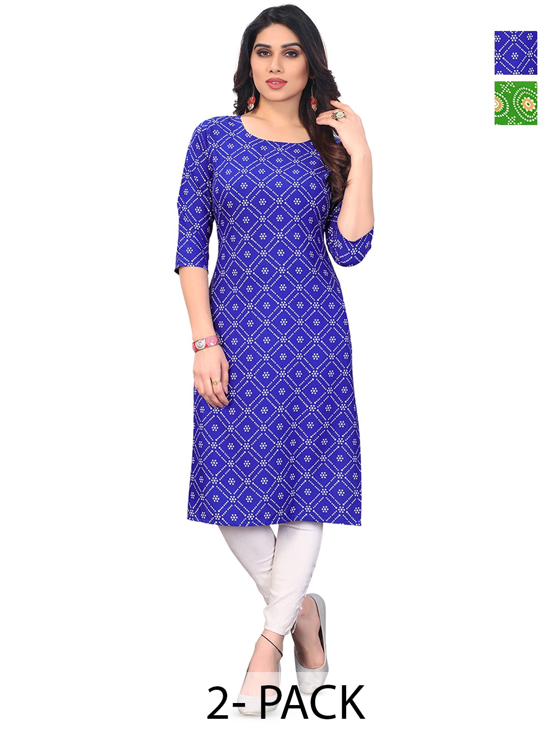 

KETAKI FASHION Selection Of 2 Bandhani Printed Round Neck Straight Kurtas, Blue