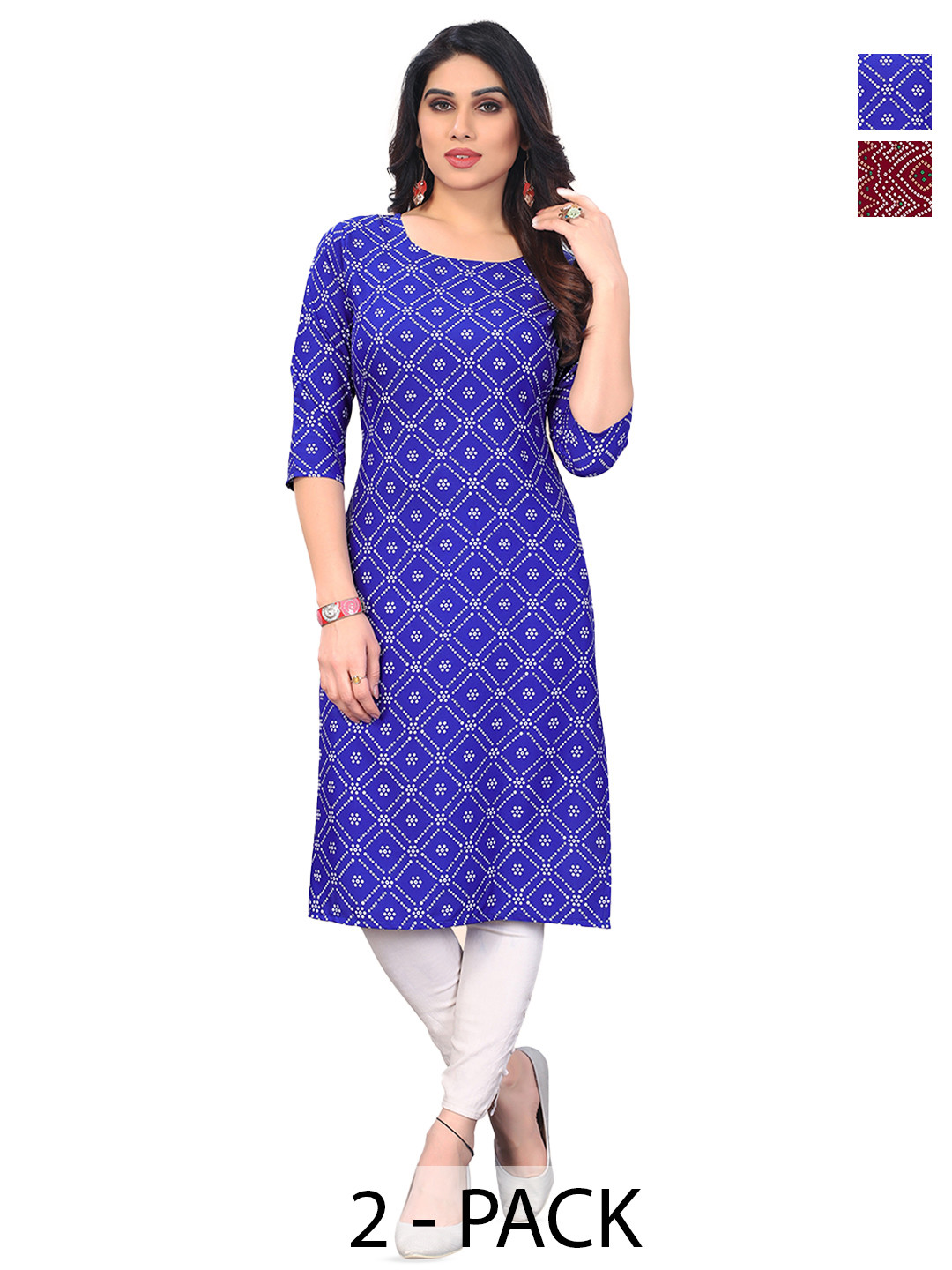 

KETAKI FASHION Selection Of 2 Bandhani Printed Straight Kurtas, Blue