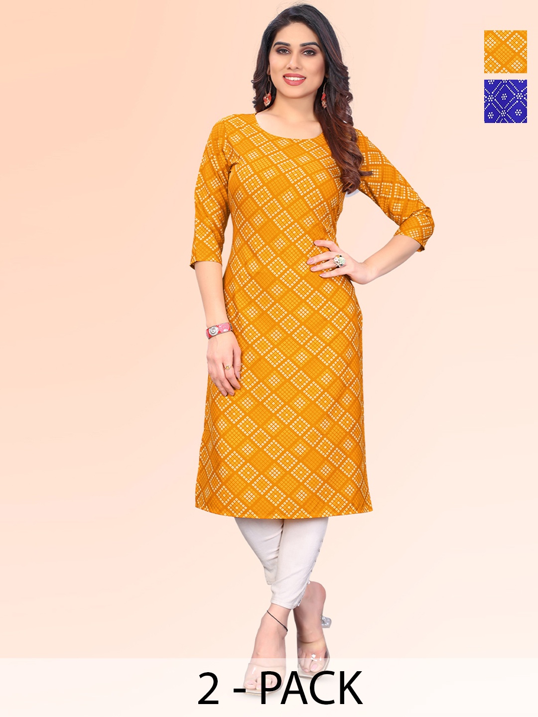 

KETAKI FASHION Selection Of 2 Geometric Printed Round Neck Straight Kurta, Yellow