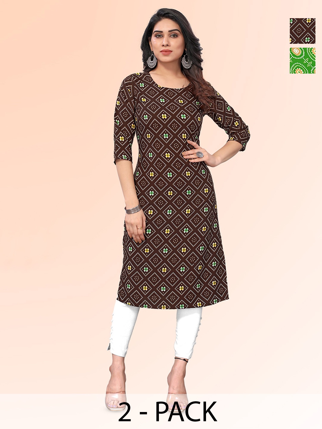 

KETAKI FASHION Selection Of 2 Bandhani Printed Round Neck Straight Kurtas, Brown