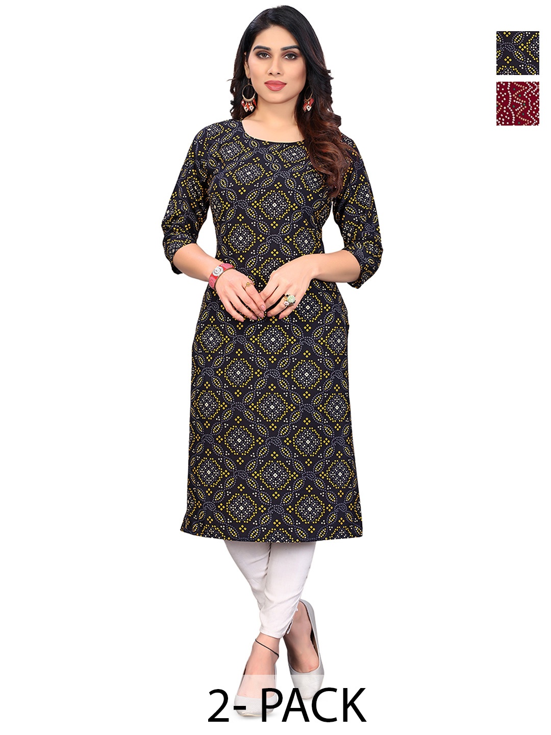 

KETAKI FASHION Selection Of 2 Bandhani Printed Round Neck Straight Kurta, Black