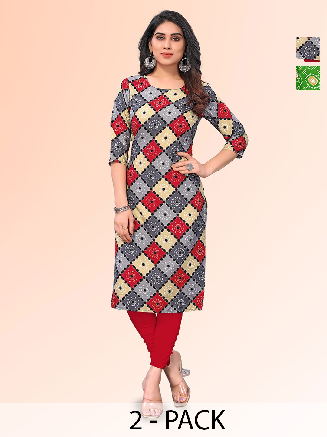 

KETAKI FASHION Selection Of 2 Geometric Printed Round Neck Straight Kurta, Red