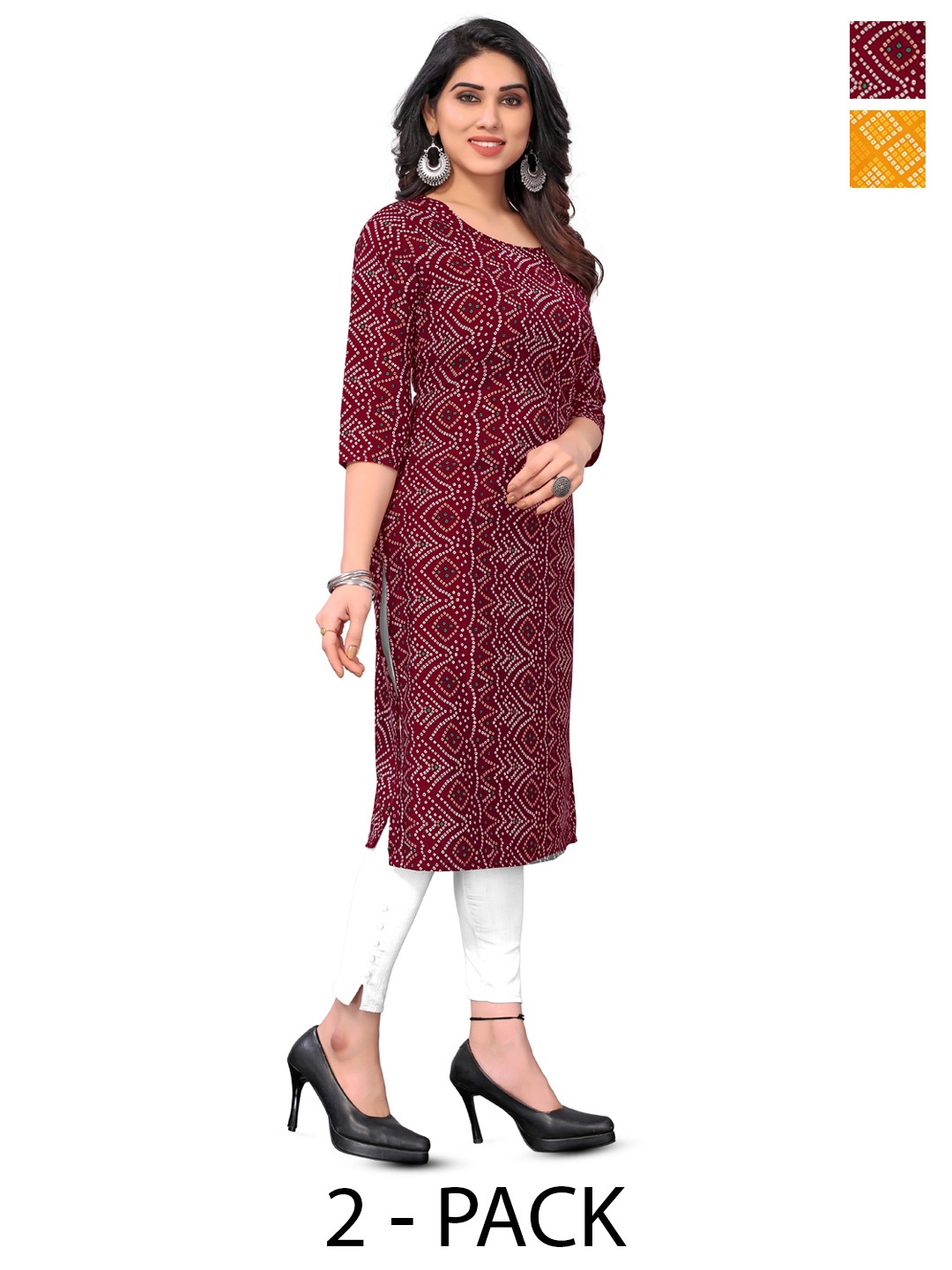 

KETAKI FASHION Selection Of 2 Bandhani Printed Round Neck Straight Kurtas, Multi