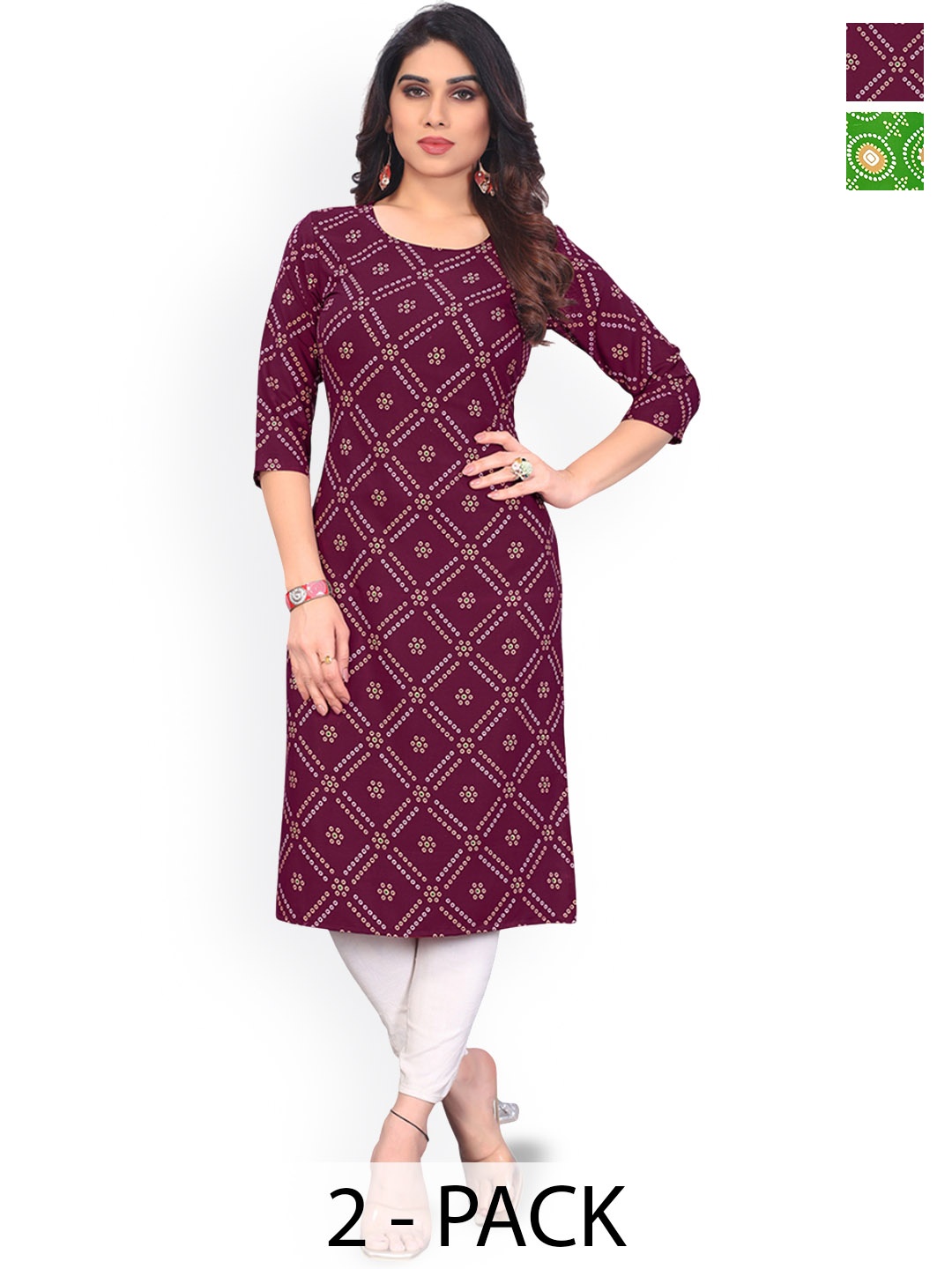 

KETAKI FASHION Selection Of 2 Bandhani Printed Round Neck Straight Kurta, Purple