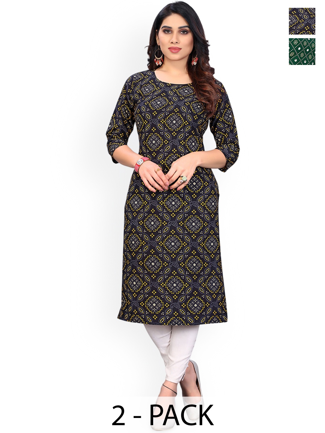 

KETAKI FASHION Selection Of 2 Geometric Printed Round Neck Straight Kurtas, Black