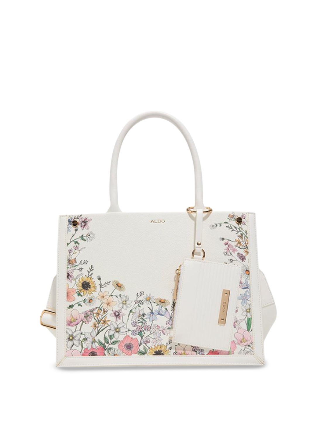 

ALDO Women Floral Printed Structured Leather Handheld Bag With Pouch, Off white