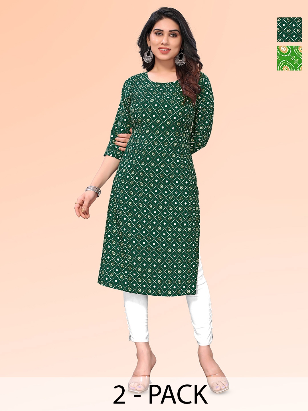 

KETAKI FASHION Selection Of 2 Bandhani Printed Round Neck Straight Kurtas, Green