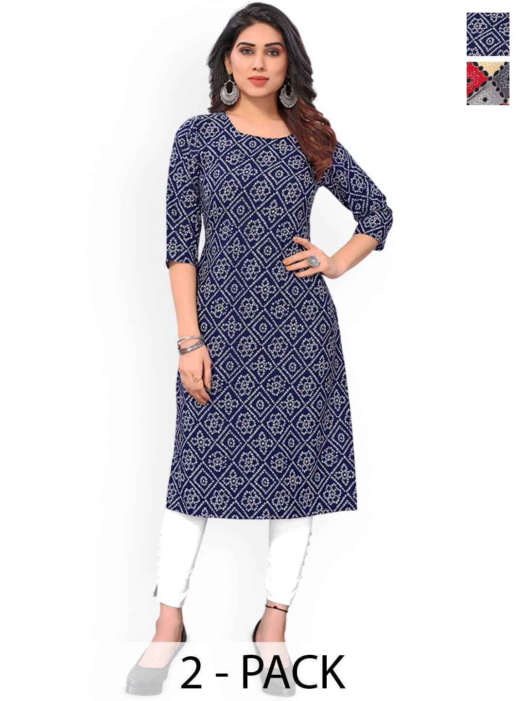 

KETAKI FASHION Selection Of 2 Bandhani Printed Round Neck Straight Kurta, Navy blue