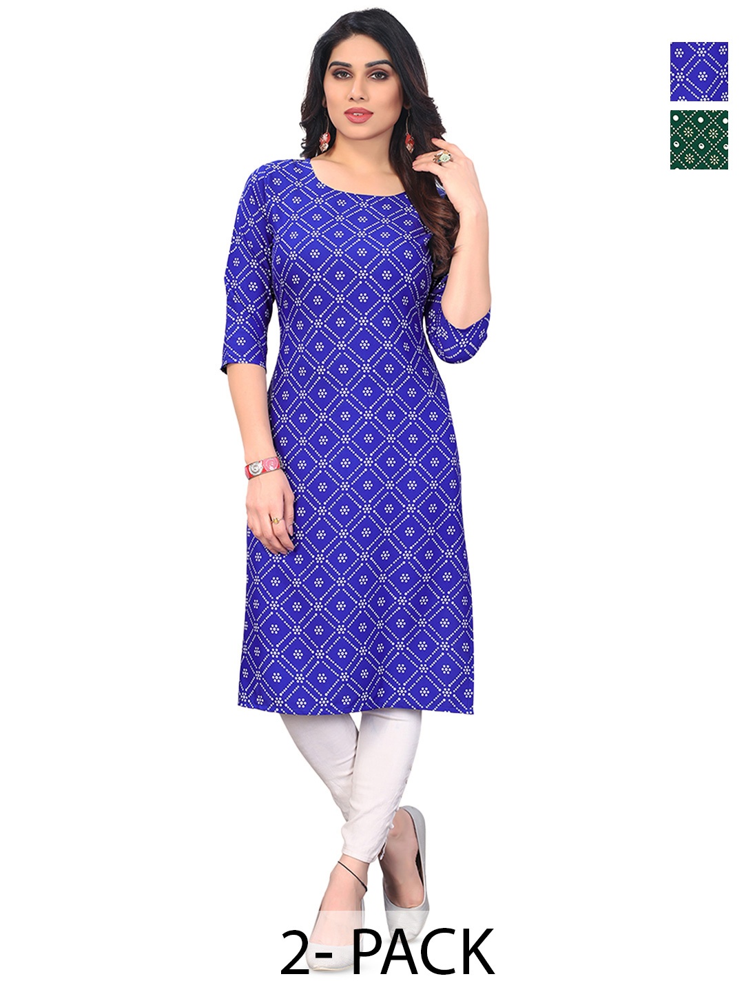 

KETAKI FASHION Selection Of 2 Bandhani Printed Straight Kurtas, Blue