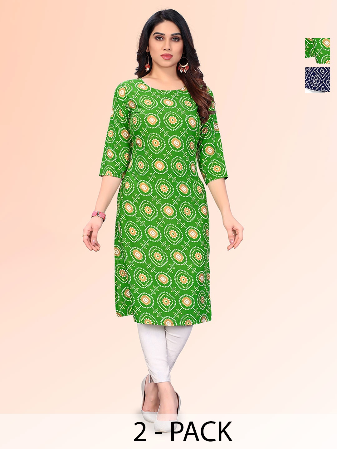 

KETAKI FASHION Selection Of 2 Bandhani Printed Round Neck Straight Kurtas, Green