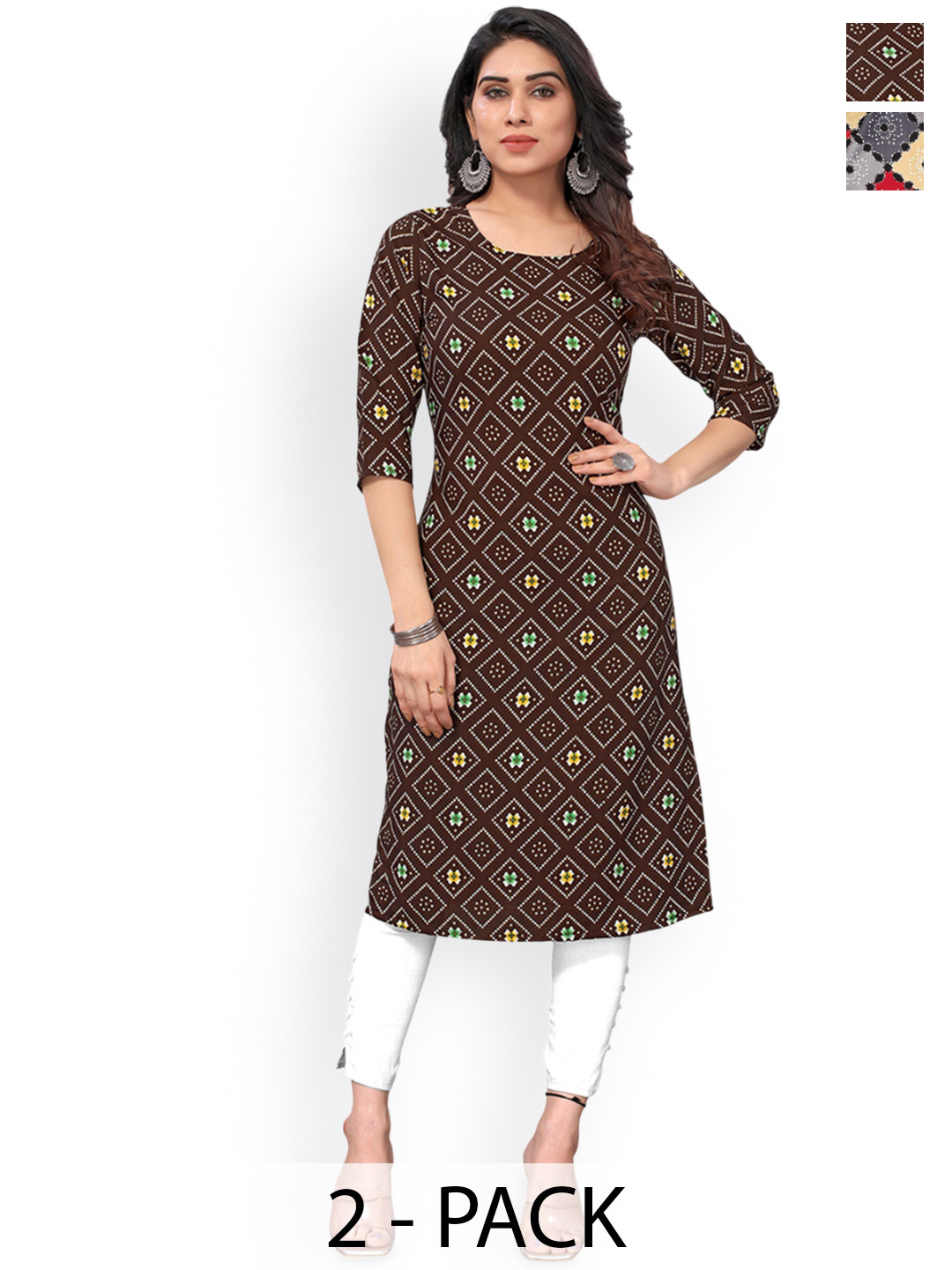 

KETAKI FASHION Selection Of 2 Geometric Printed Round Neck Straight Kurta, Brown