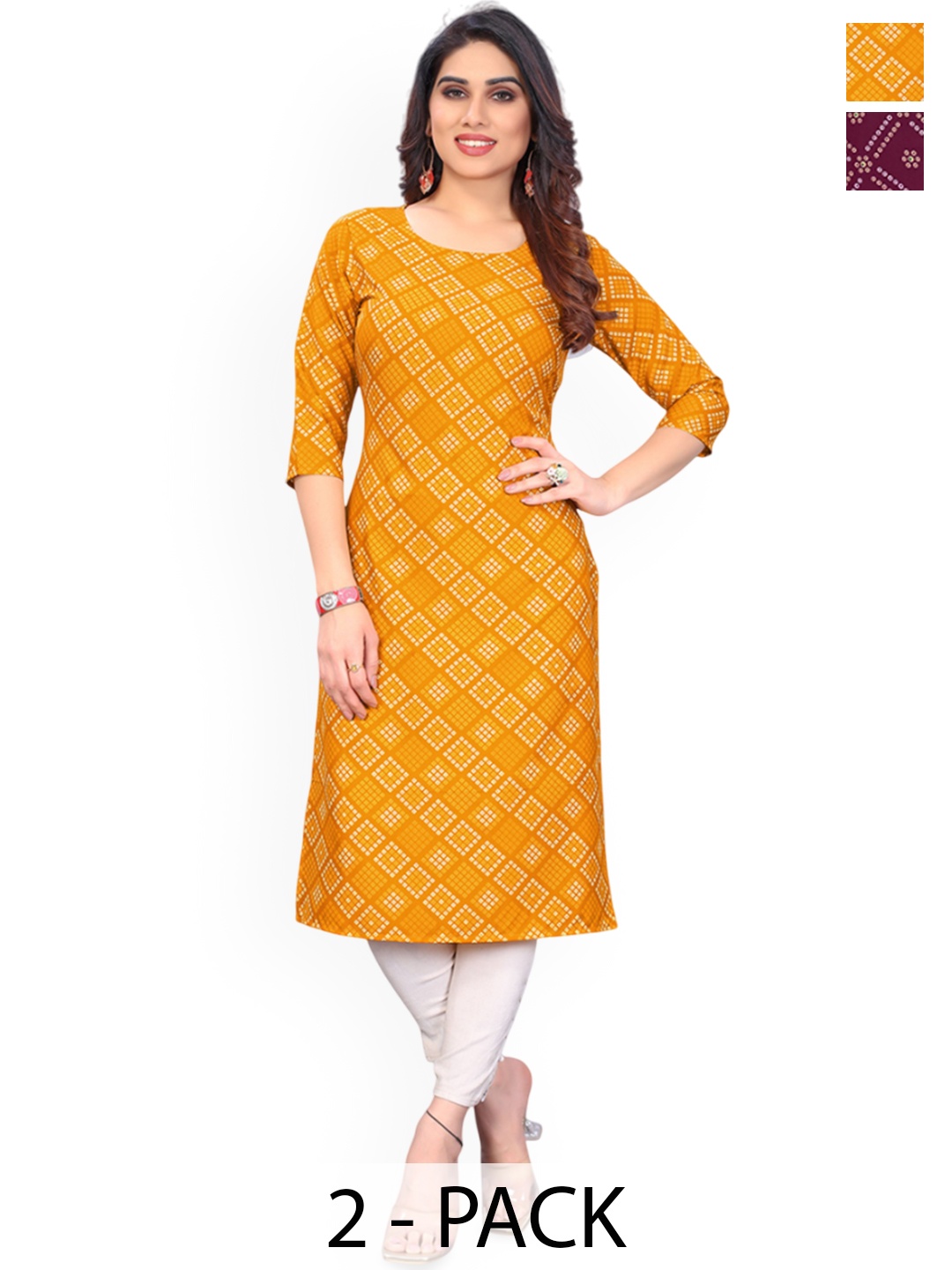 

KETAKI FASHION Selection Of 2 Bandhani Printed Round Neck Straight Kurtas, Mustard