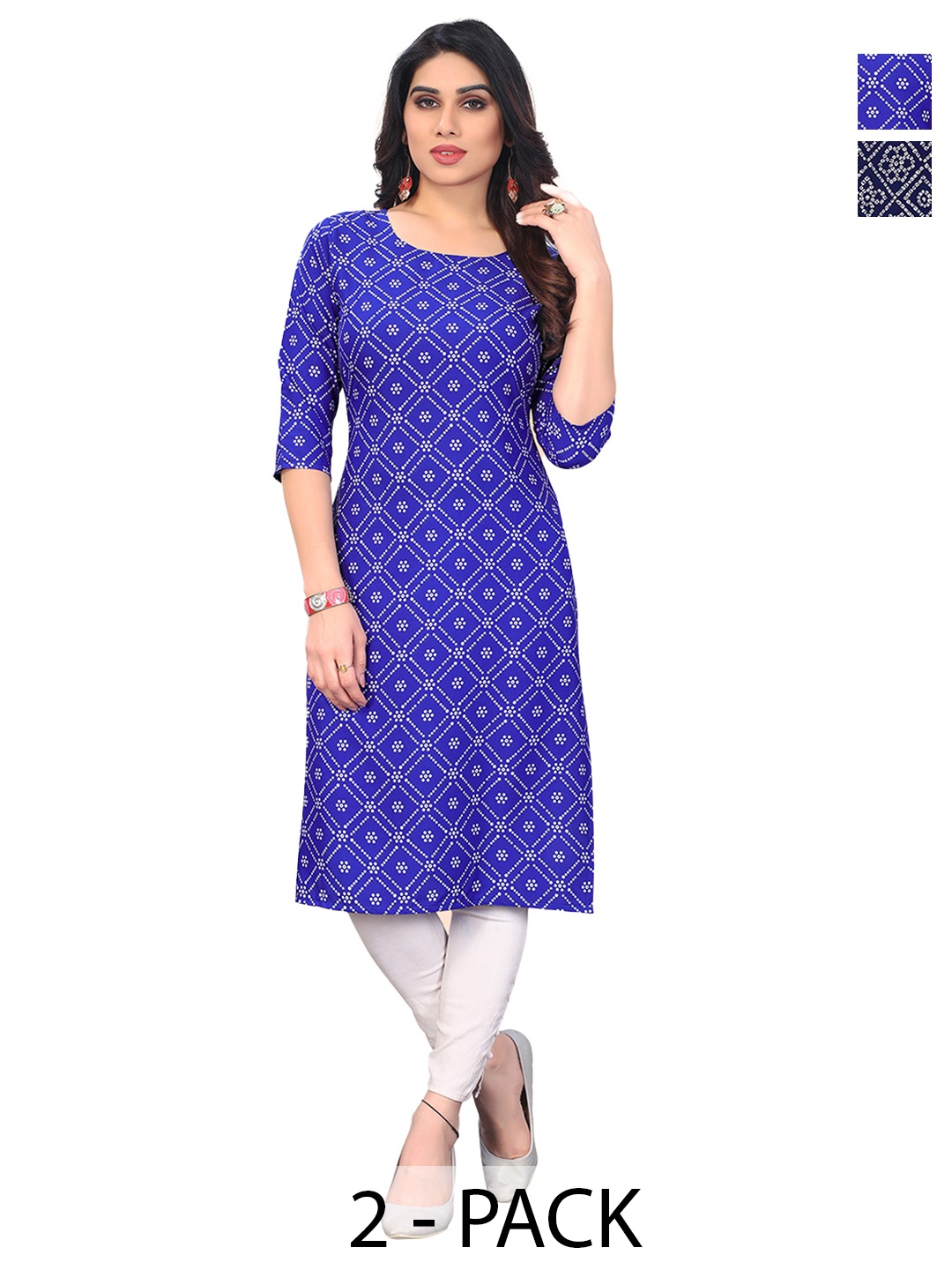 

KETAKI FASHION Selection Of 2 Bandhani Printed Round Neck Straight Kurtas, Navy blue