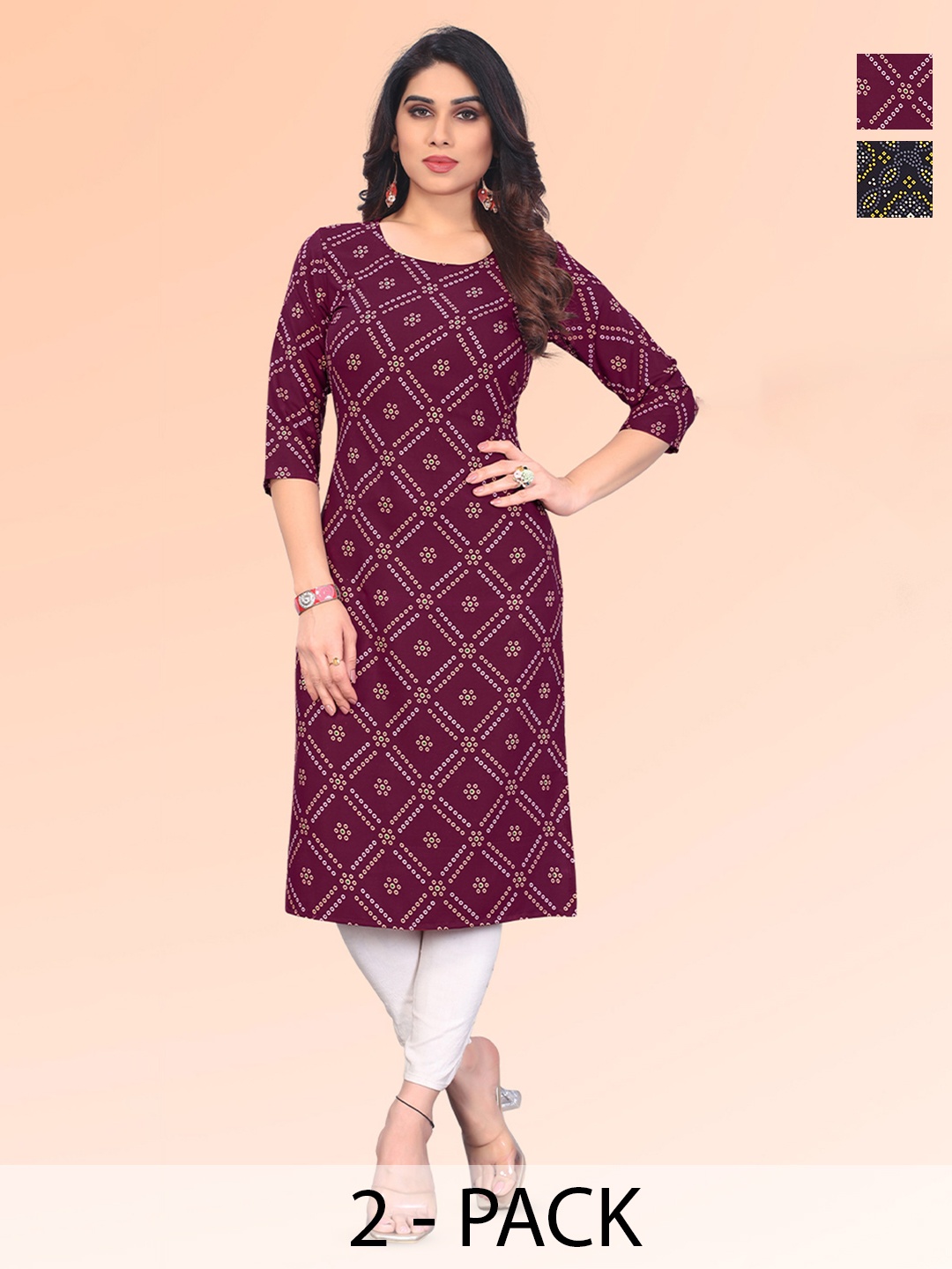 

KETAKI FASHION Selection of 2 Bandhani Printed Straight Kurtas, Maroon