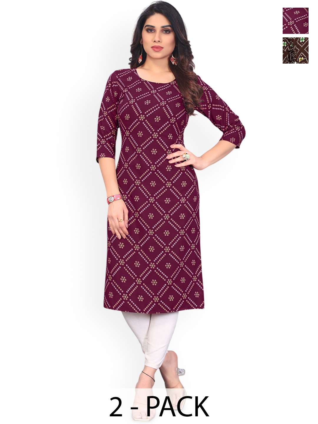 

KETAKI FASHION Selection Of 2 Bandhani Printed Round Neck Straight Kurtas, Purple