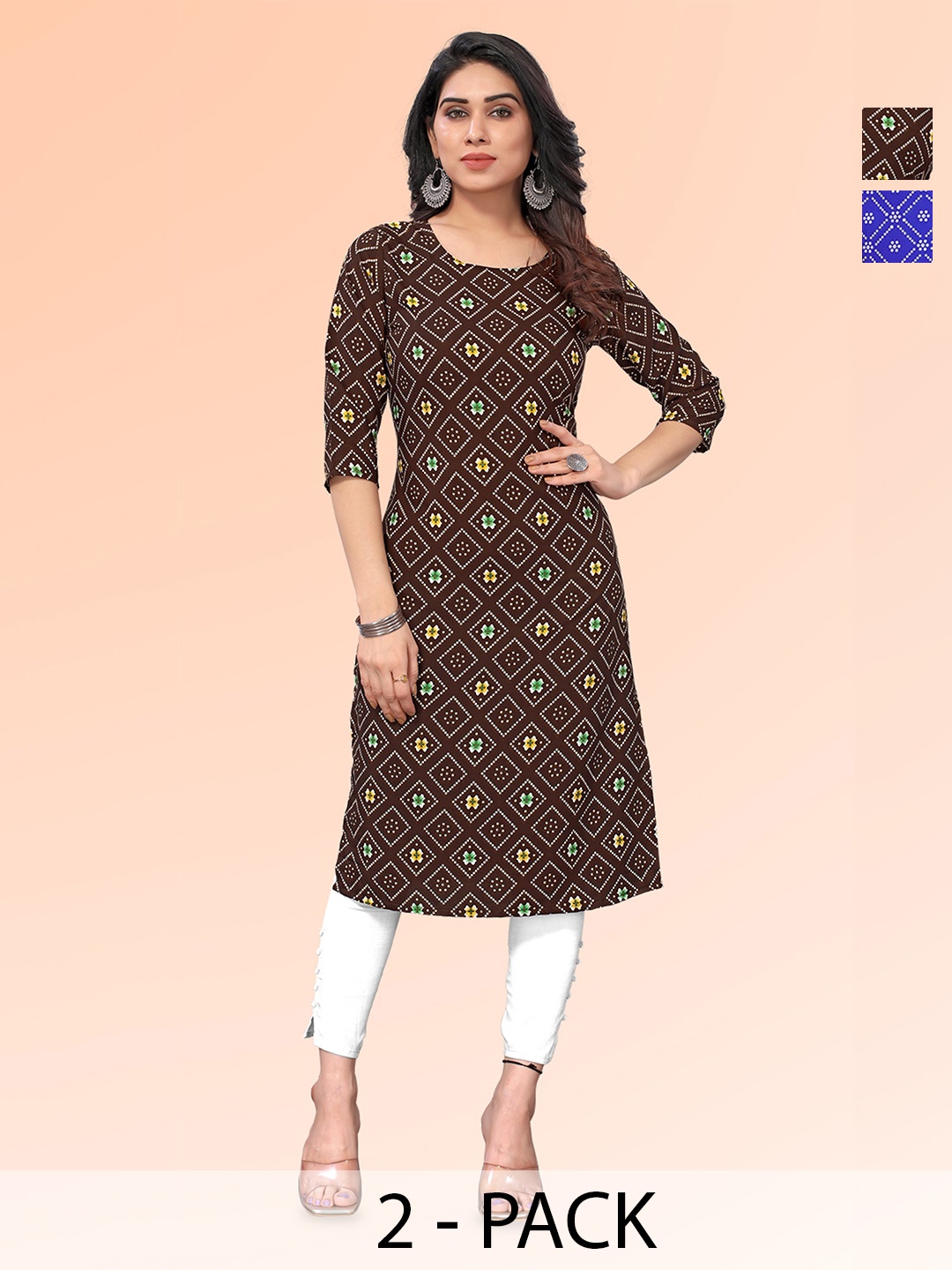 

KETAKI FASHION Selection of 2 Bandhani Printed Straight Kurtas, Brown