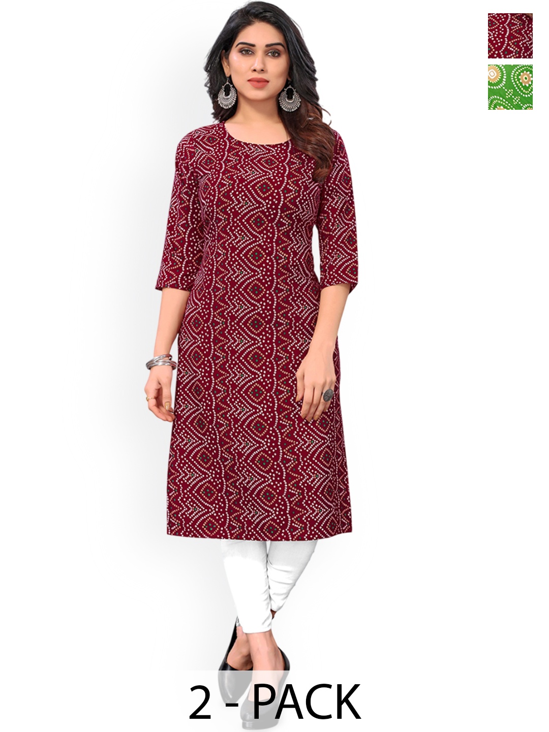 

KETAKI FASHION Selection of 2 Bandhani Printed Straight Kurtas, Maroon