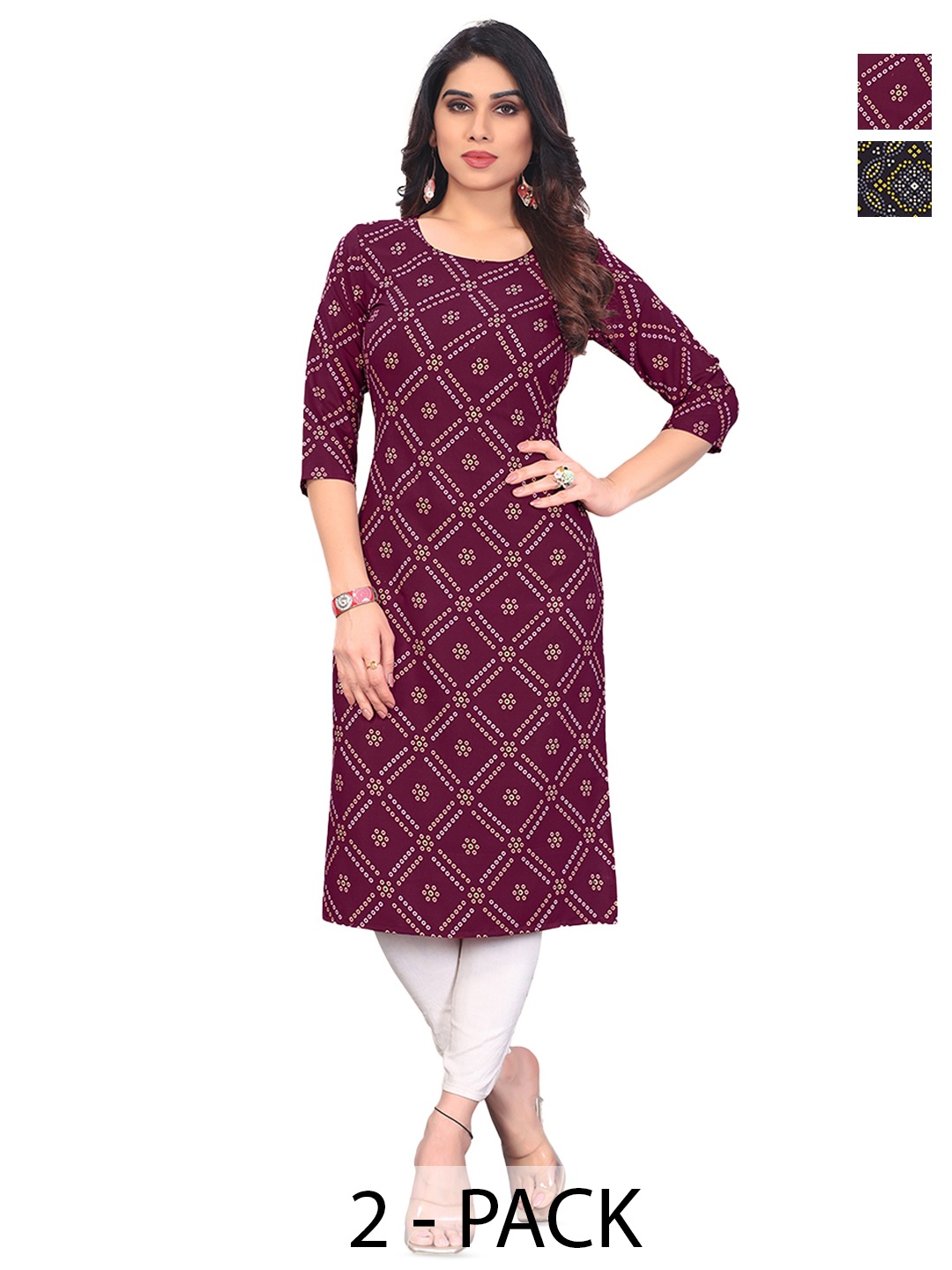 

KETAKI FASHION Selection Of 2 Bandhani Printed Round Neck Straight Kurta, Purple