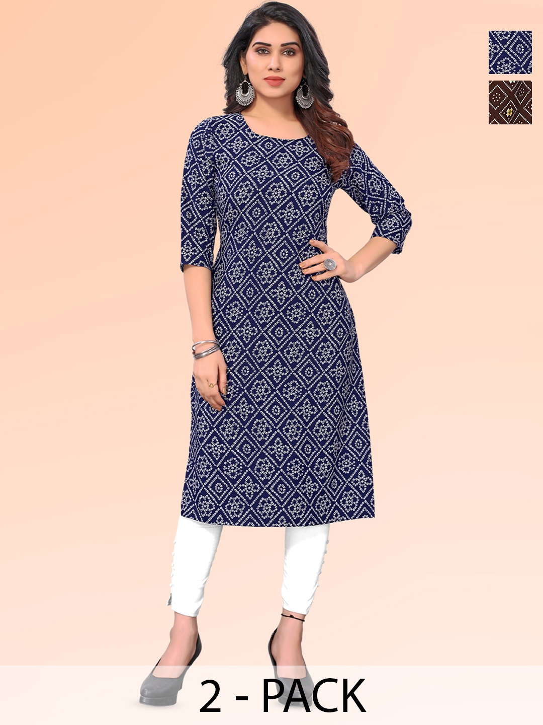 

KETAKI FASHION Selection Of 2 Bandhani Printed Round Neck Straight Kurta, Navy blue