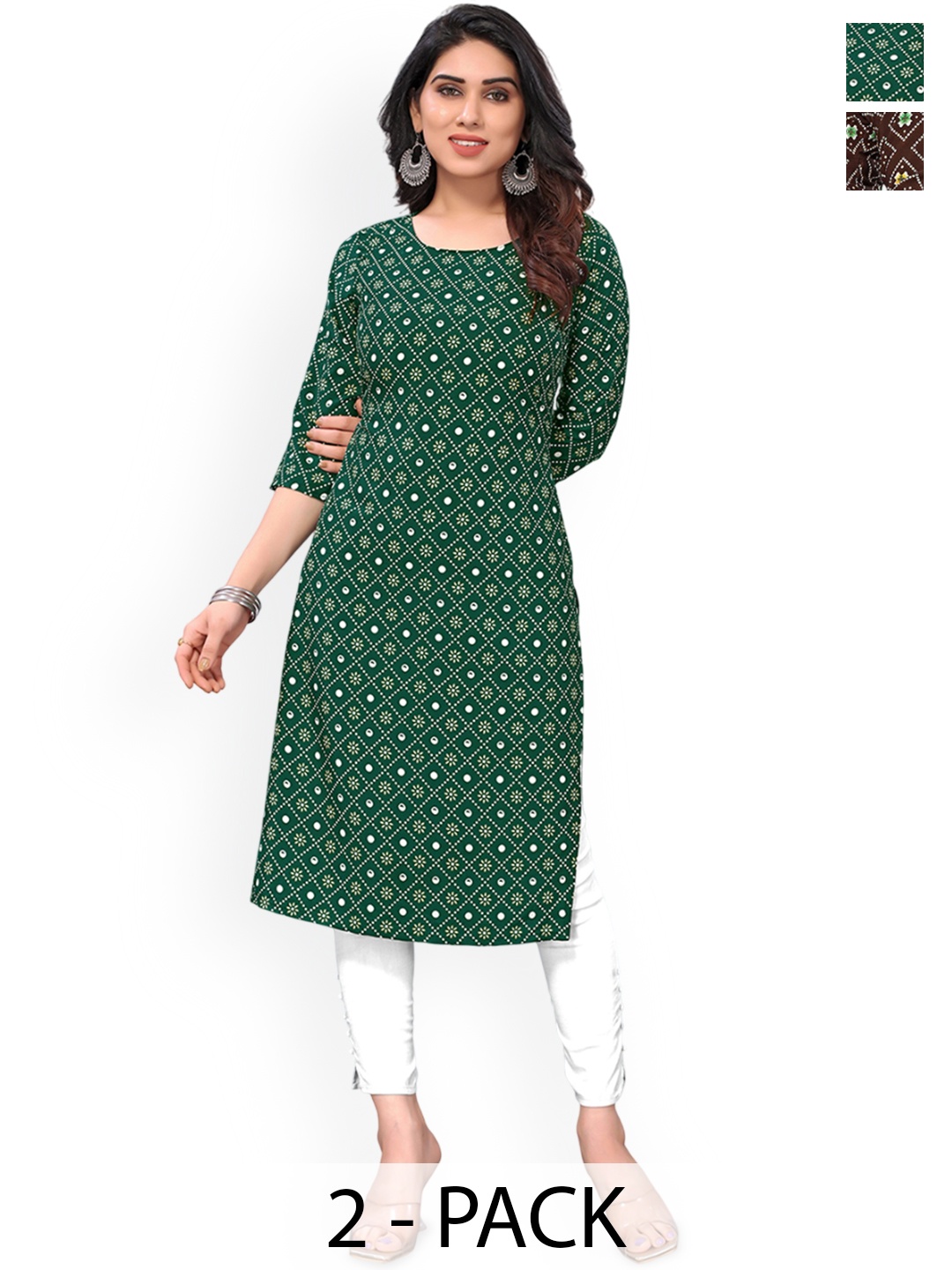 

KETAKI FASHION Selection Of 2 Geometric Printed Round Neck Straight Kurtas, Green