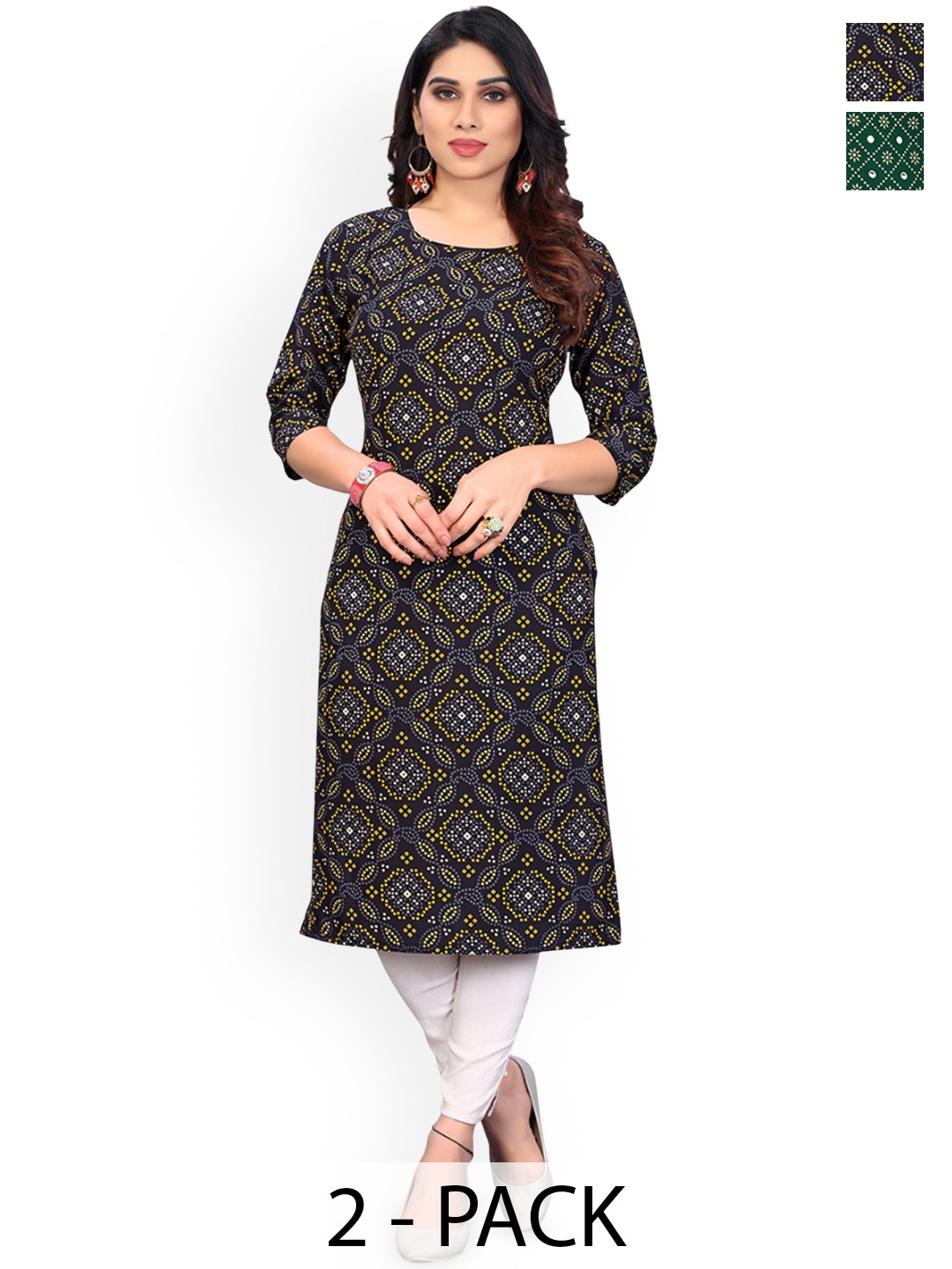 

KETAKI FASHION Selection of 2 Bandhani Printed Straight Kurtas, Black