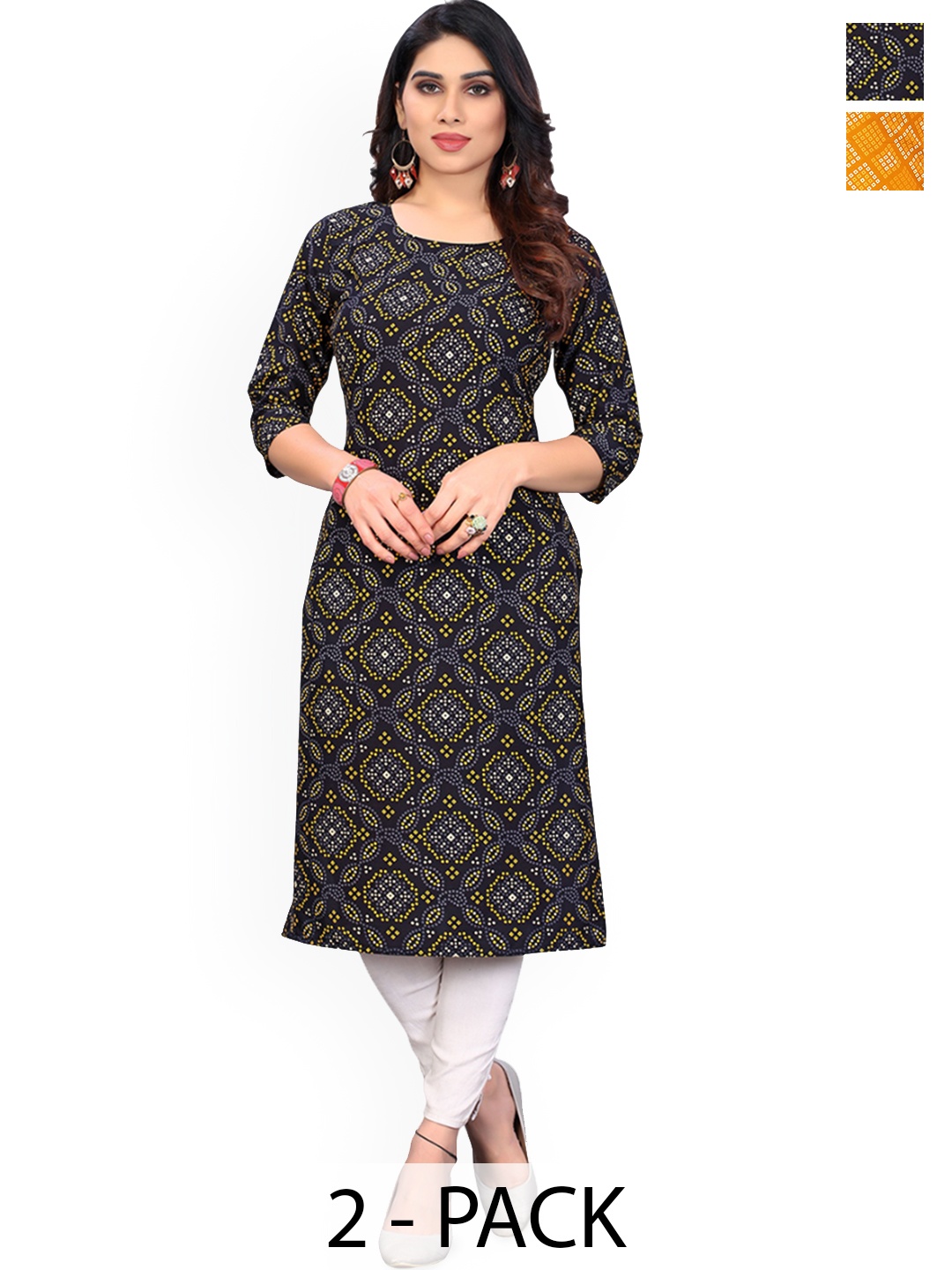 

KETAKI FASHION Selection Of 2 Bandhani Printed Round Neck Straight Kurtas, Black