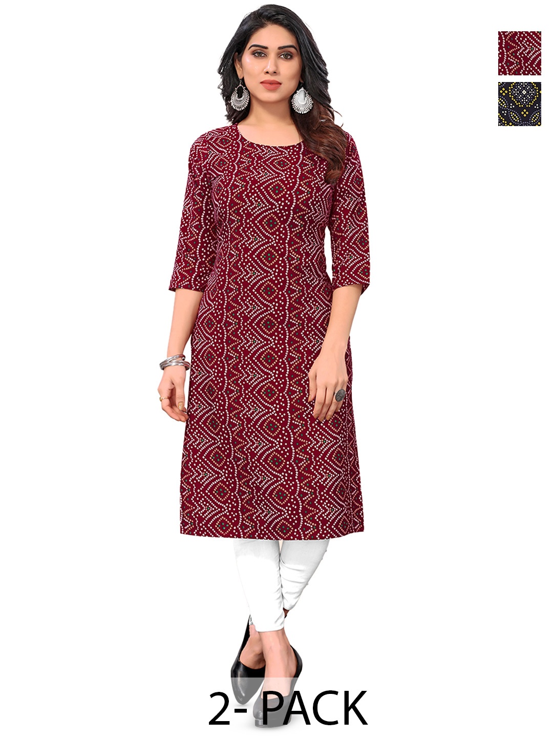 

KETAKI FASHION Selection Of 2 Bandhani Printed Round Neck Straight Kurtas, Maroon