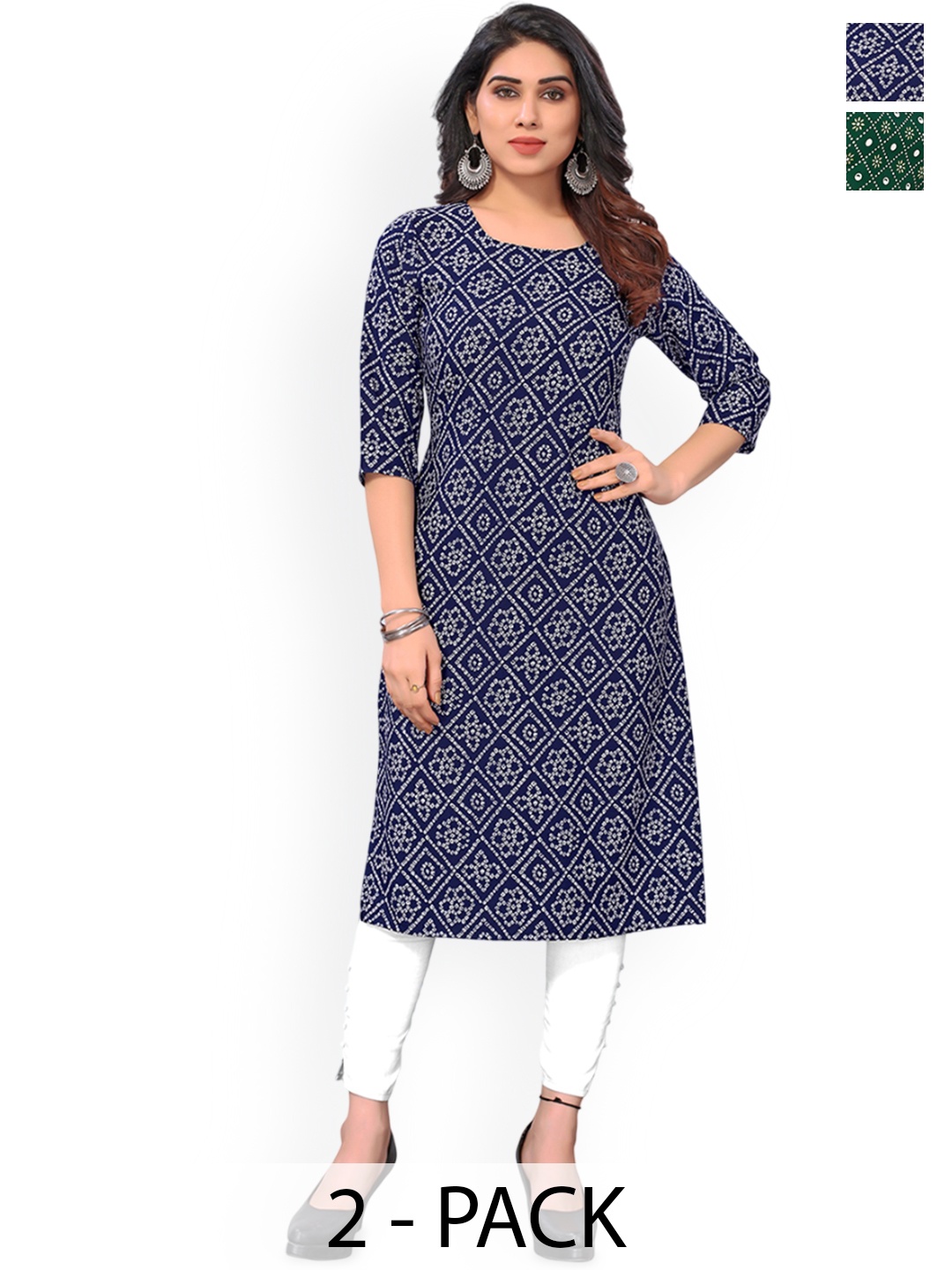 

KETAKI FASHION Selection Of 2 Bandhani Printed Round Neck Straight Kurta, Navy blue