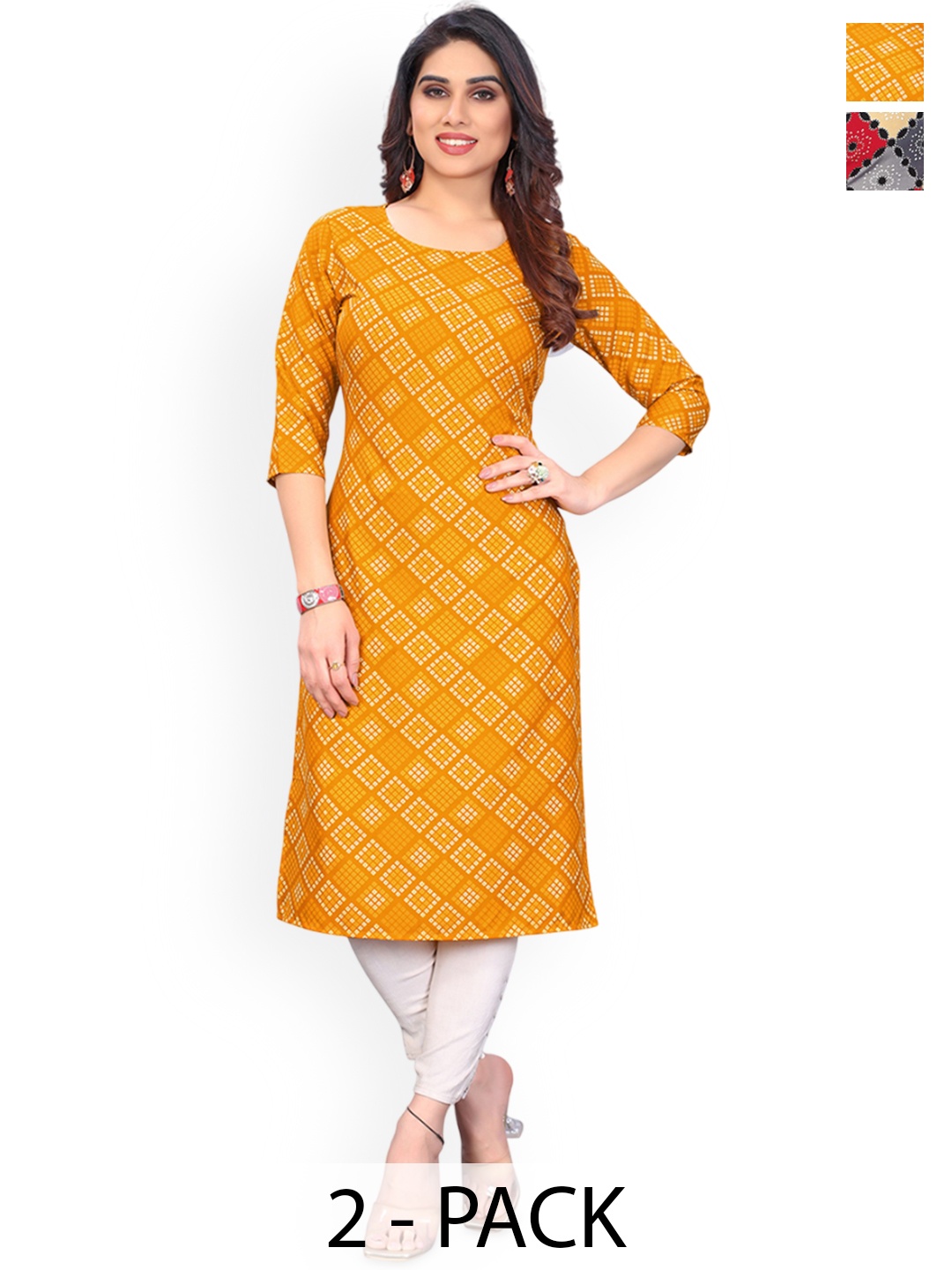 

KETAKI FASHION Selection Of 2 Geometric Printed Round Neck Straight Kurta, Yellow