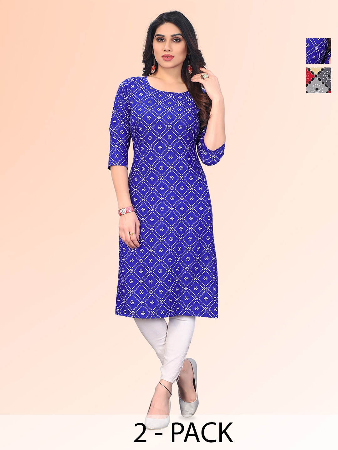 

KETAKI FASHION Selection Of 2 Geomertric Printed Round Neck Straight Kurtas, Blue