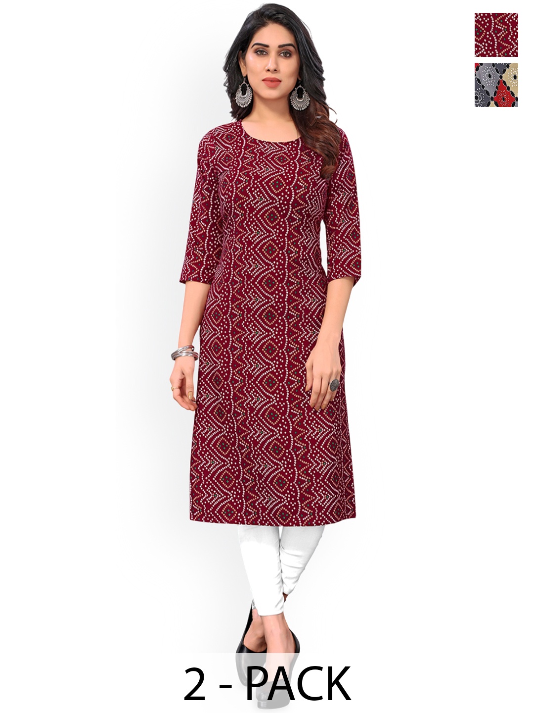 

KETAKI FASHION Selection Of 2 Bandhani Printed Straight Kurtas, Maroon