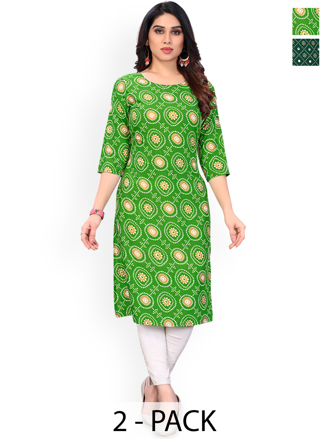 

KETAKI FASHION Selection Of 2 Bandhani Printed Round Neck Straight Kurta, Green
