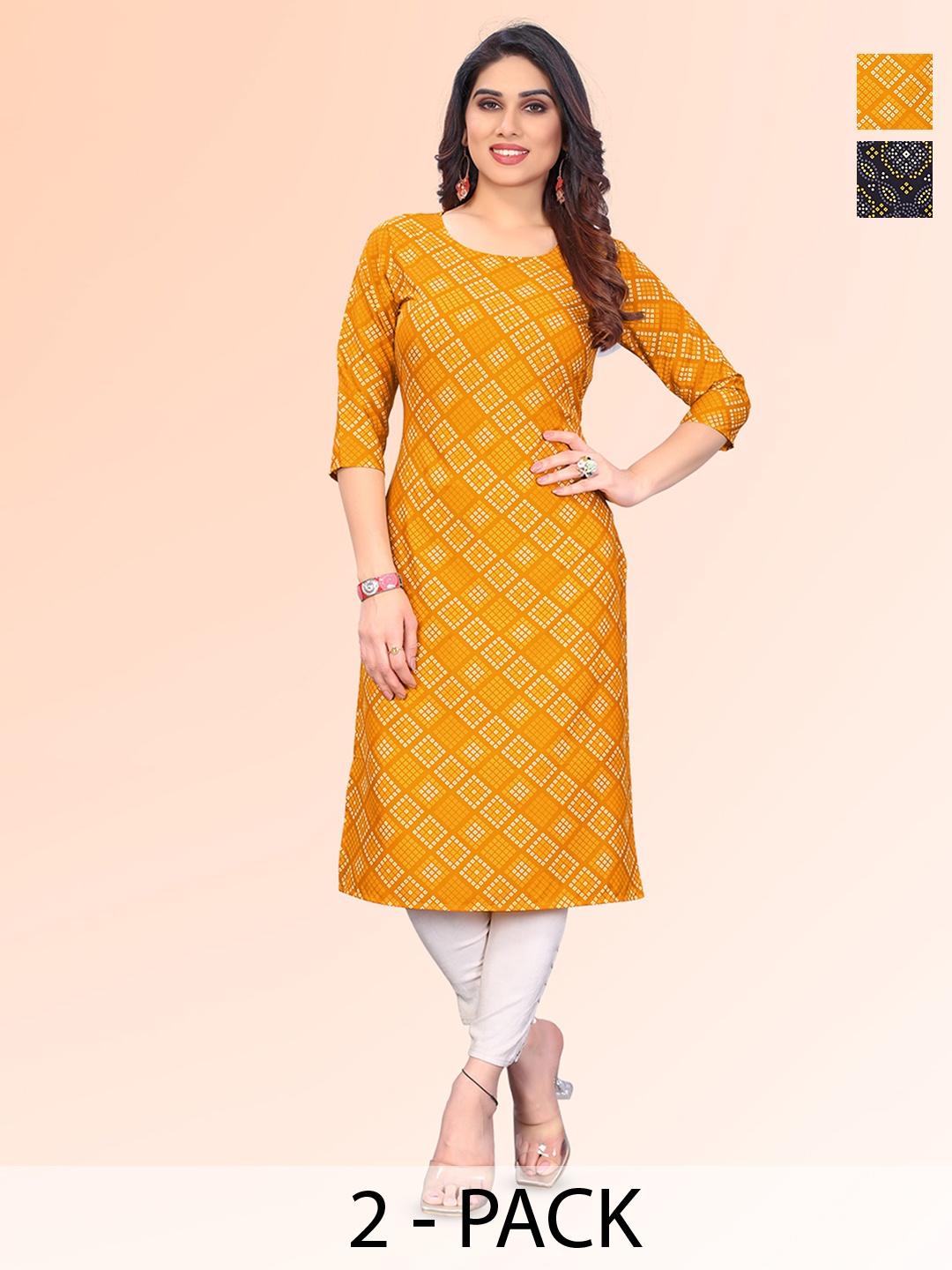 

KETAKI FASHION Selection Of 2 Geometric Printed Round Neck Straight Kurta, Yellow