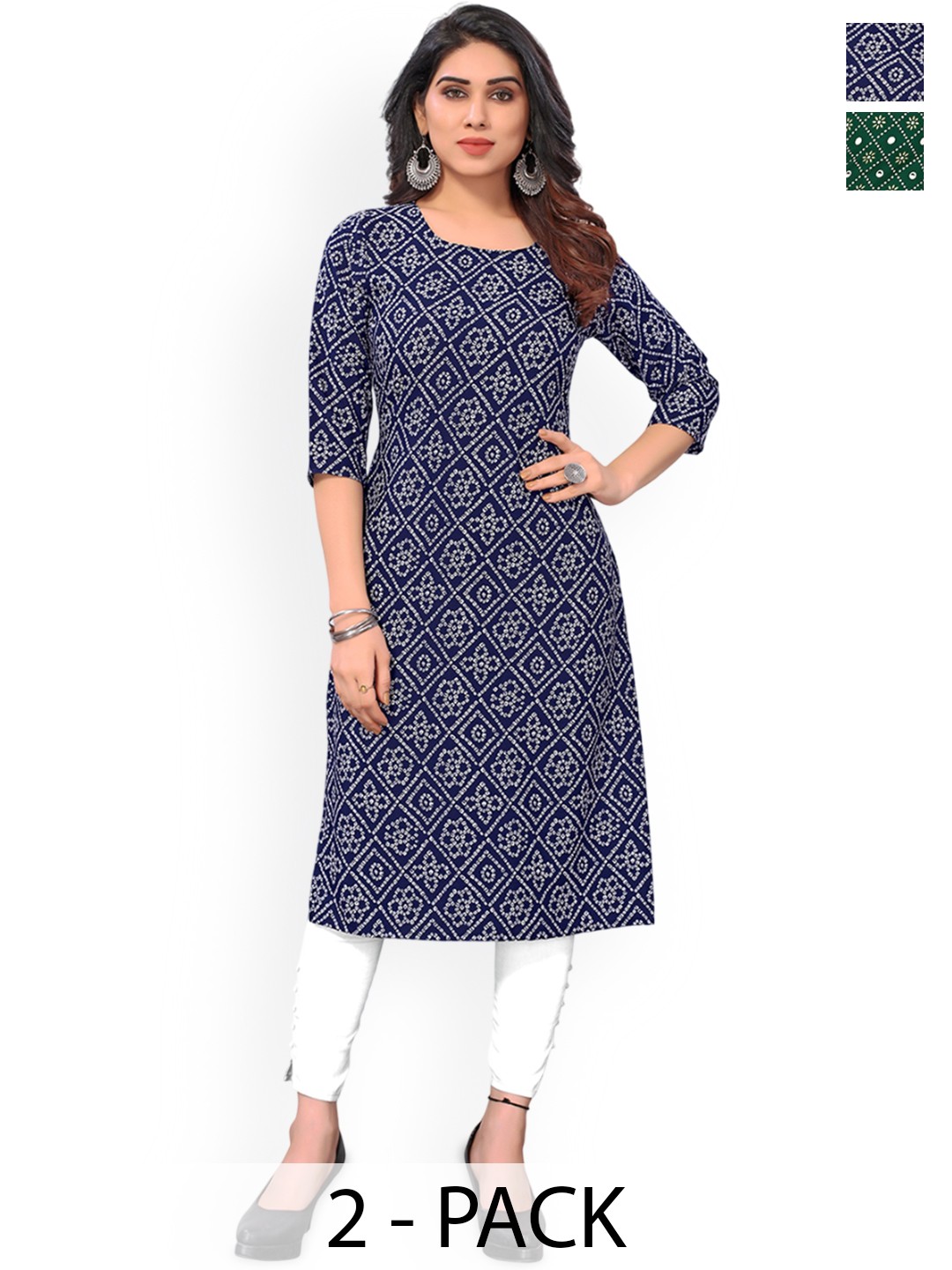

KETAKI FASHION Selection Of 2 Bandhani Printed Round Neck Straight Kurta, Navy blue