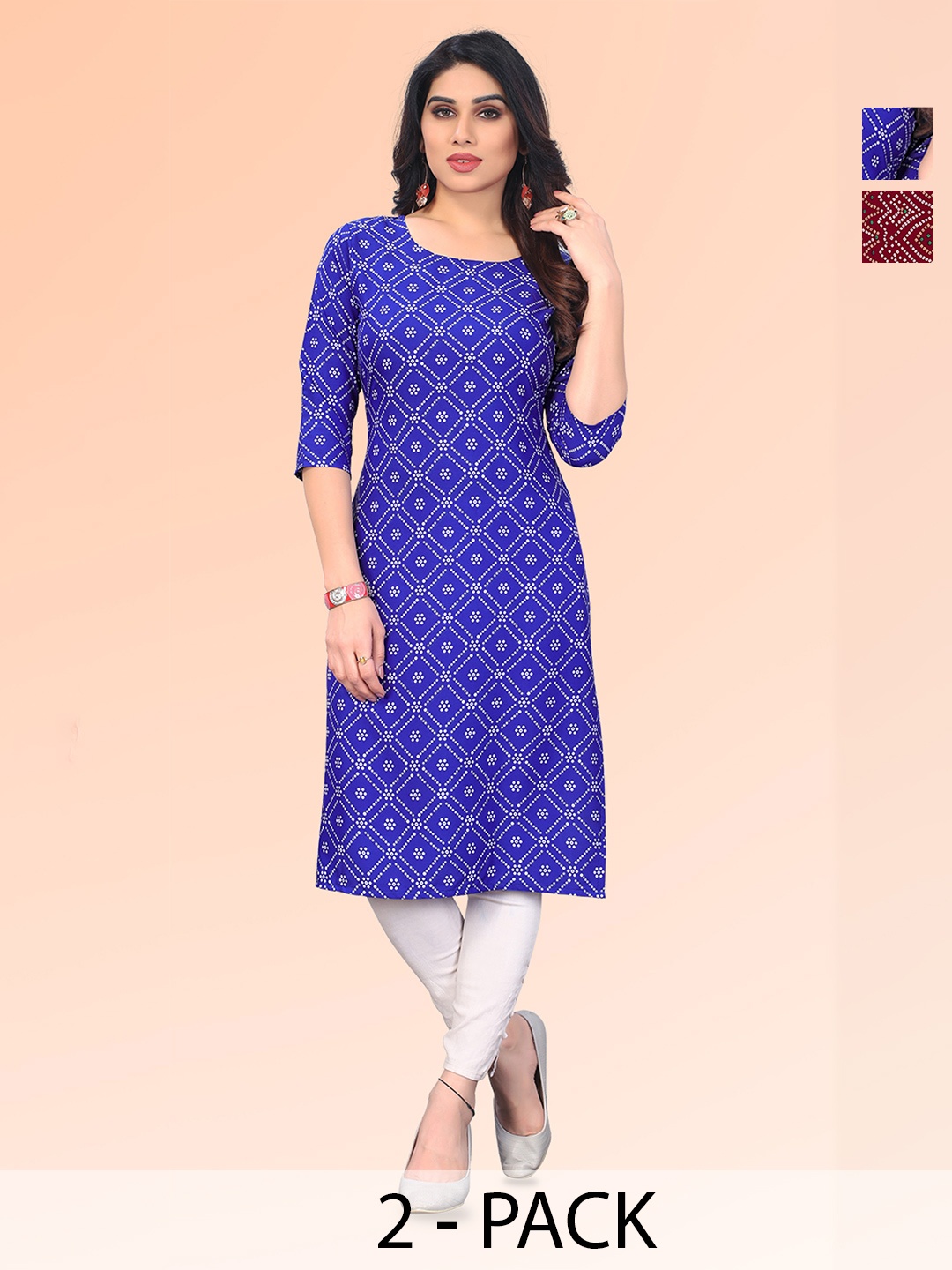 

KETAKI FASHION Selection Of 2 Bandhani Printed Round Neck Straight Kurta, Blue