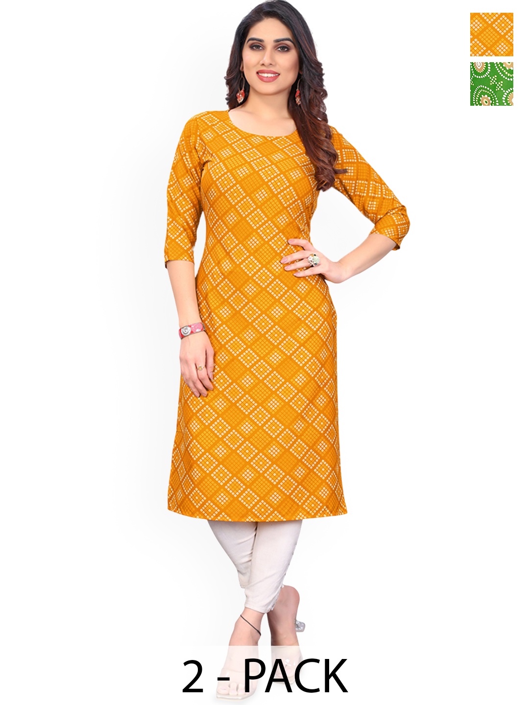 

KETAKI FASHION Selection Of 2 Bandhani Printed Round Neck Straight Kurtas, Mustard