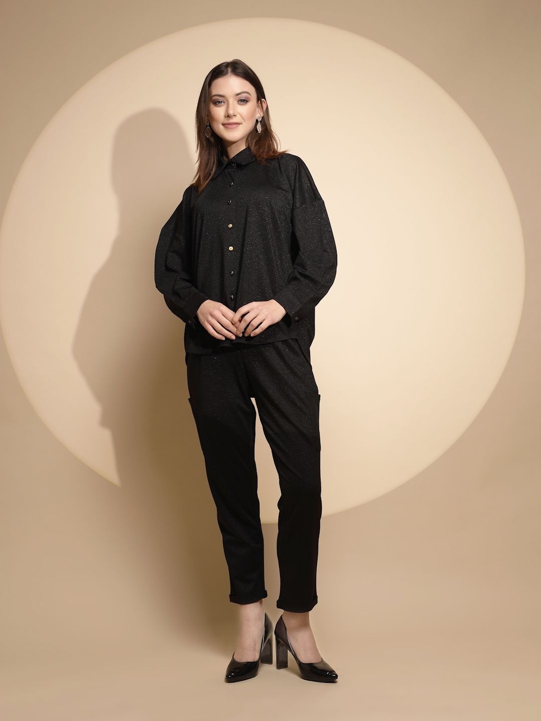 

Global Republic Self Design Shirt Collar Shirt With Trouser, Black