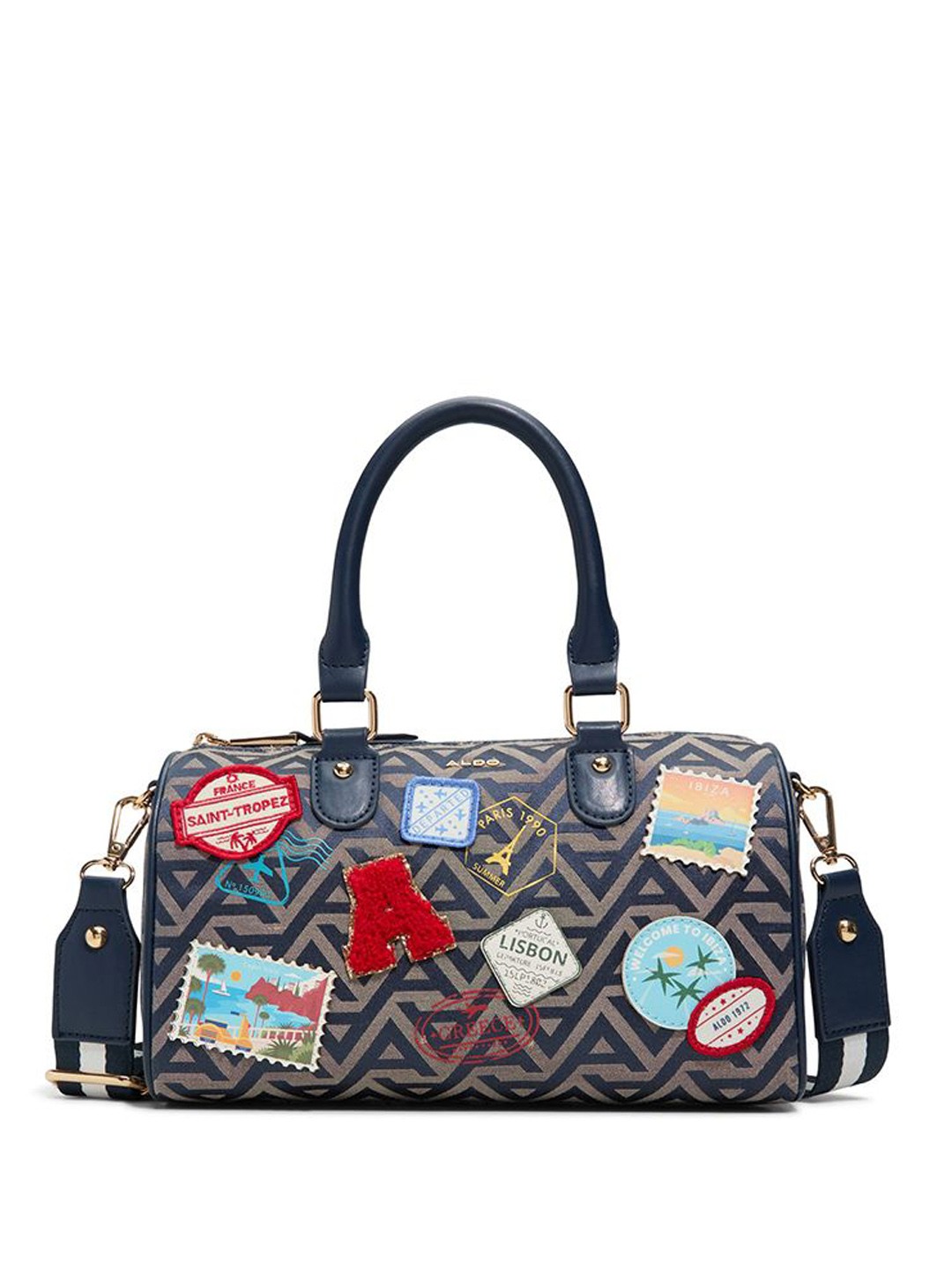 

ALDO Women Typography Printed Structured Leather Handheld Bag, Navy blue